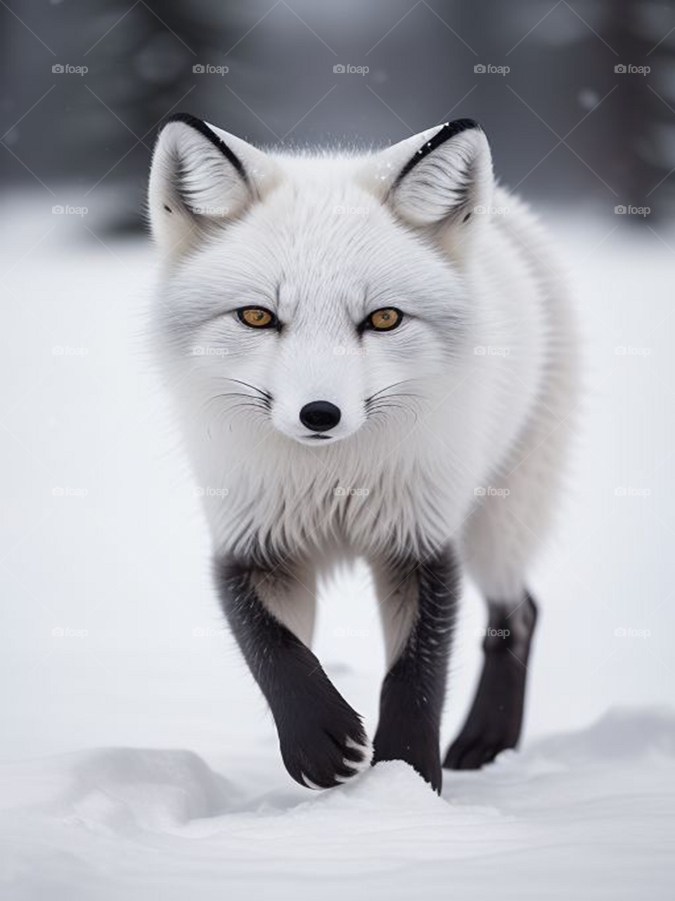 Beautiful white fox walking in the snow