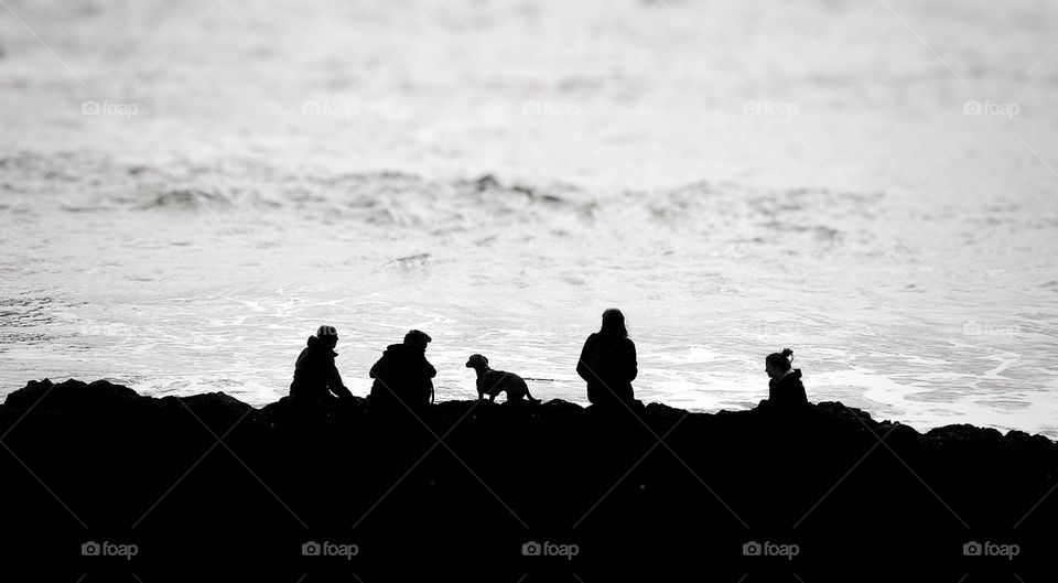 The silhouettes of a family of four and their dog sitting on rocks next to the ocean.