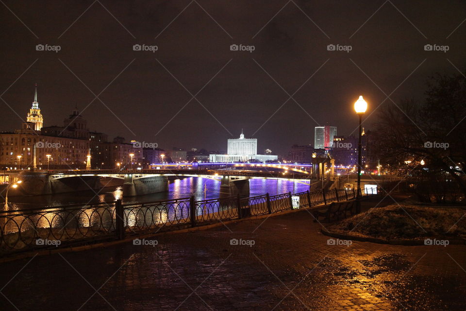 Berth, sunset, river,  Moscow, city, night city, Moscow does not sleep