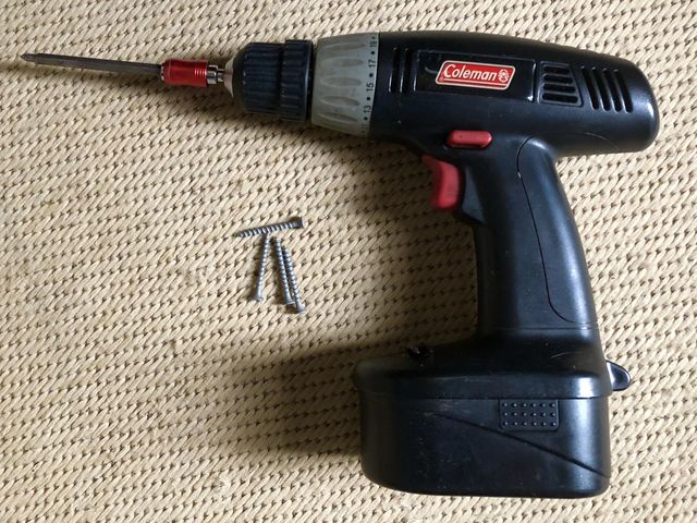 Coleman cordless drill and screws sheet rock