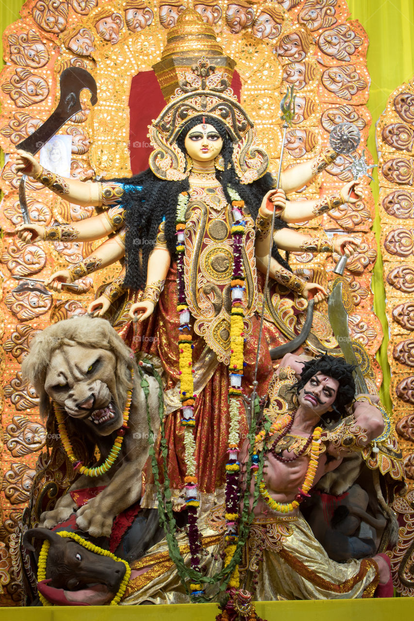 KOLKATA, INDIA - OCTOBER 7, 2016: Potrait Of Goddess Durga idol at a South Kolkata famous Durga puja temple (pandal) on "Maha Ashtami".