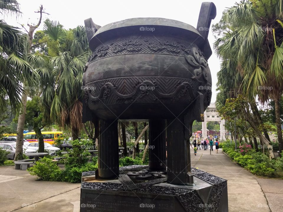 Ancient Pottery-The Hong Kong Flag in Ngong Ping Village, Po Lin Monastery, Lantau Island, Hong Kong. 