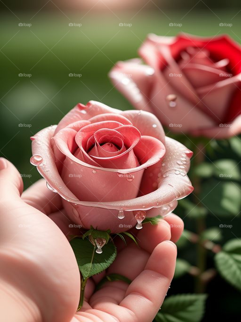 Rose in hand with dew drops