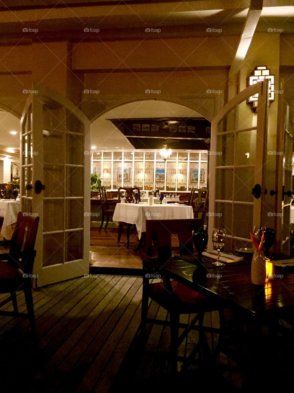 Inside and outside dining area view at night