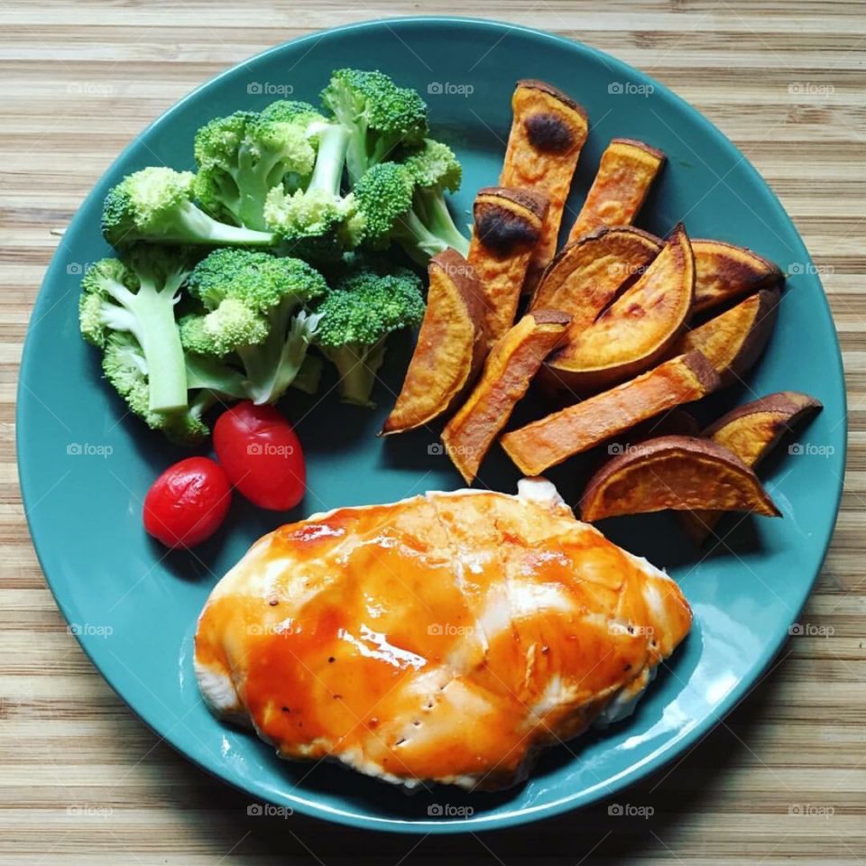 Honey Glazed Chicken, sweet potato, broccoli, and Grape tomatoes 