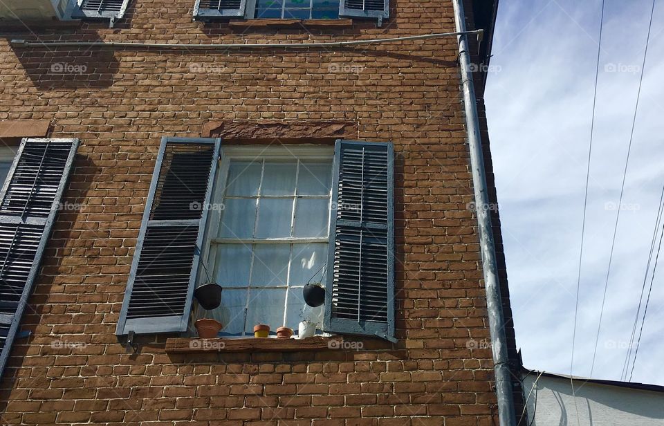 Window. Pots on the windowsill. 