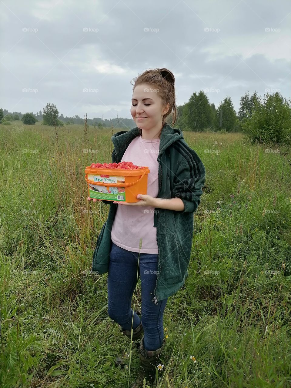 Strawberry, summer, girl in the field, field, grass, wet hair, nature, berries, woman, harvest