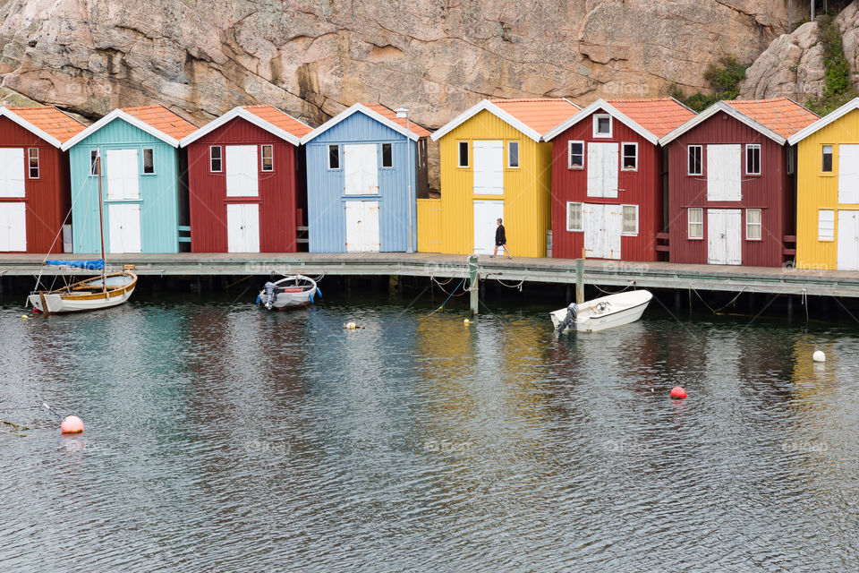 Colorful boathouses by the wooden pier of Smogen Sweden, Smögen, Smögenbryggan Sverige