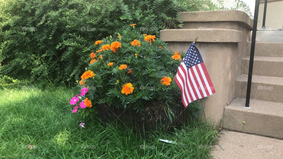 Flowers and the American flag 