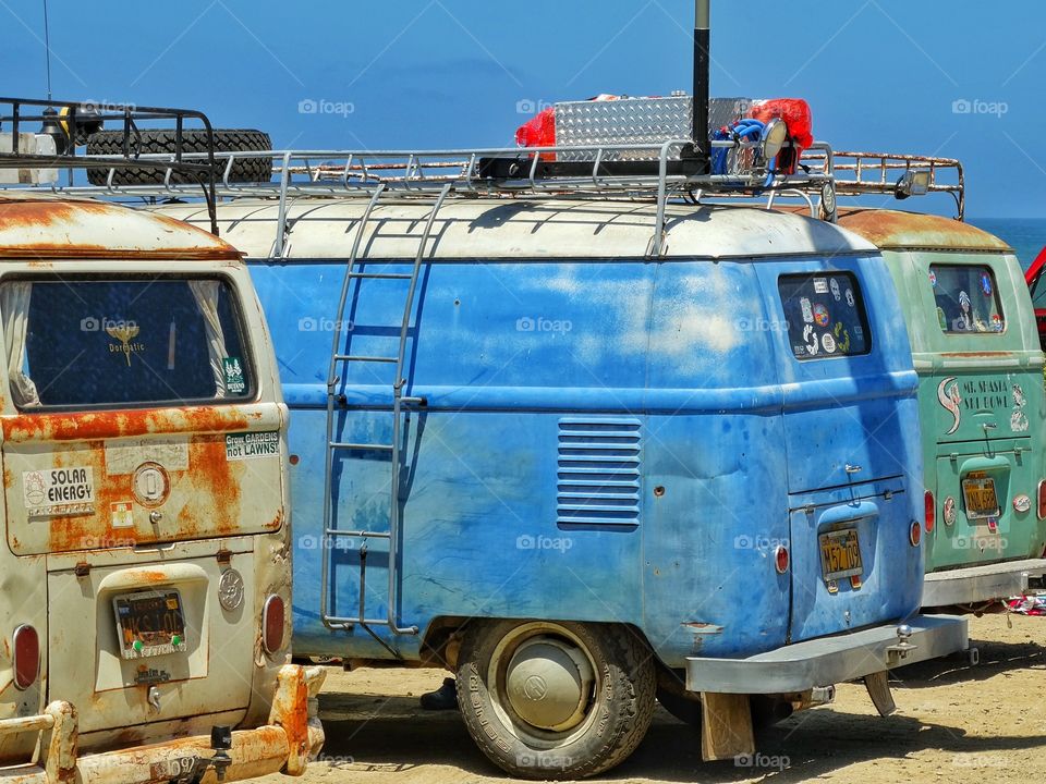 Old Volkswagen Minibuses. Beat Up Old VW Buses On The Coast Of California
