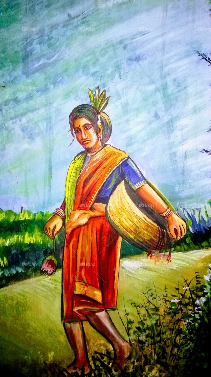Painting.. Woman.. Coming back home.. Collecting lotus