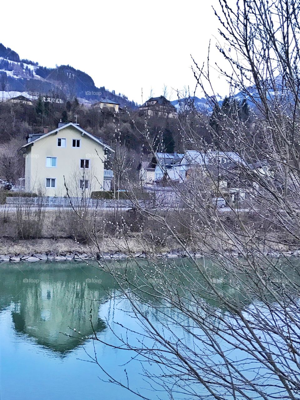 Houses in front of a river in Austria 