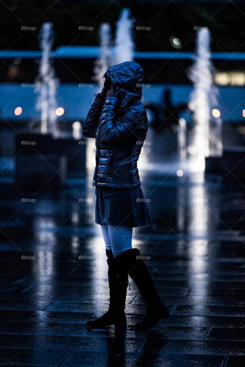 city girl at night, in rain