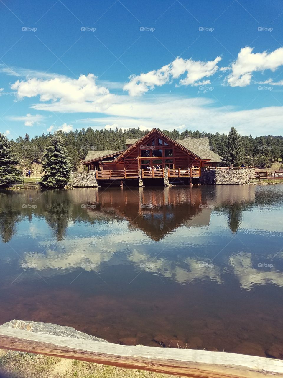 View of resort near idyllic lake