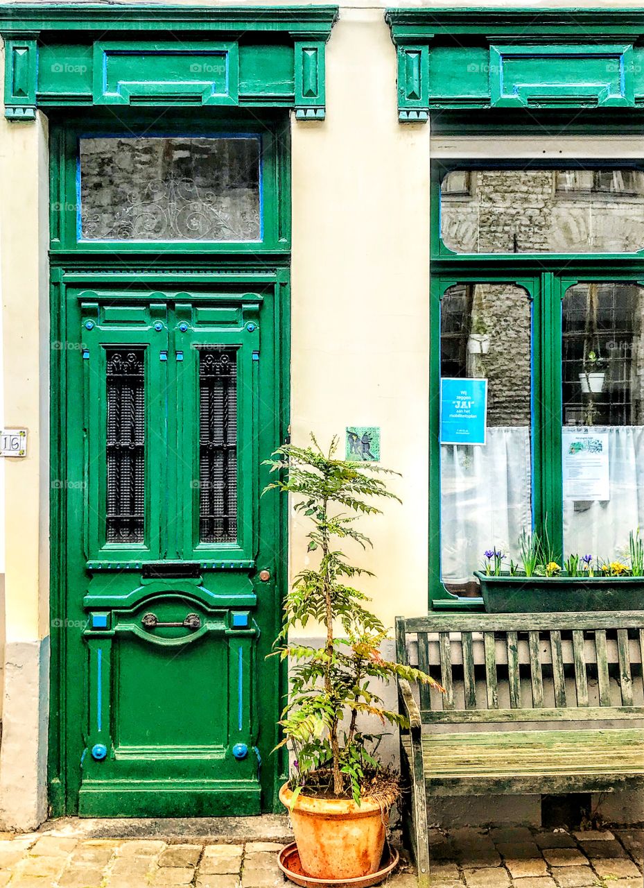 Green door with blue trim - Ghent, Belgium