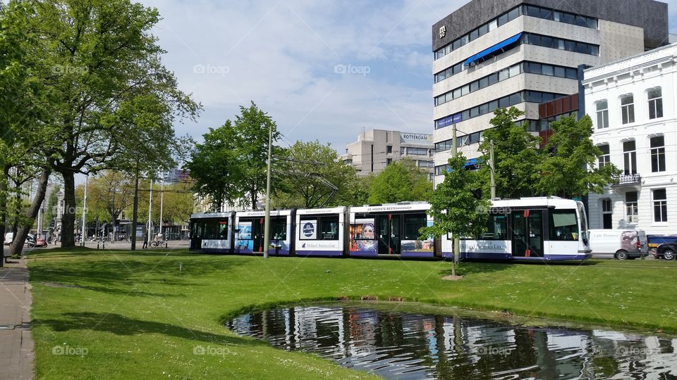 Rotterdam's light transit system and urban landscape. Green landscaping and pond