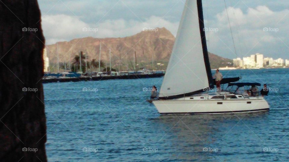 ocean sailing . beautiful sailboat with diamond head creator in the ground 