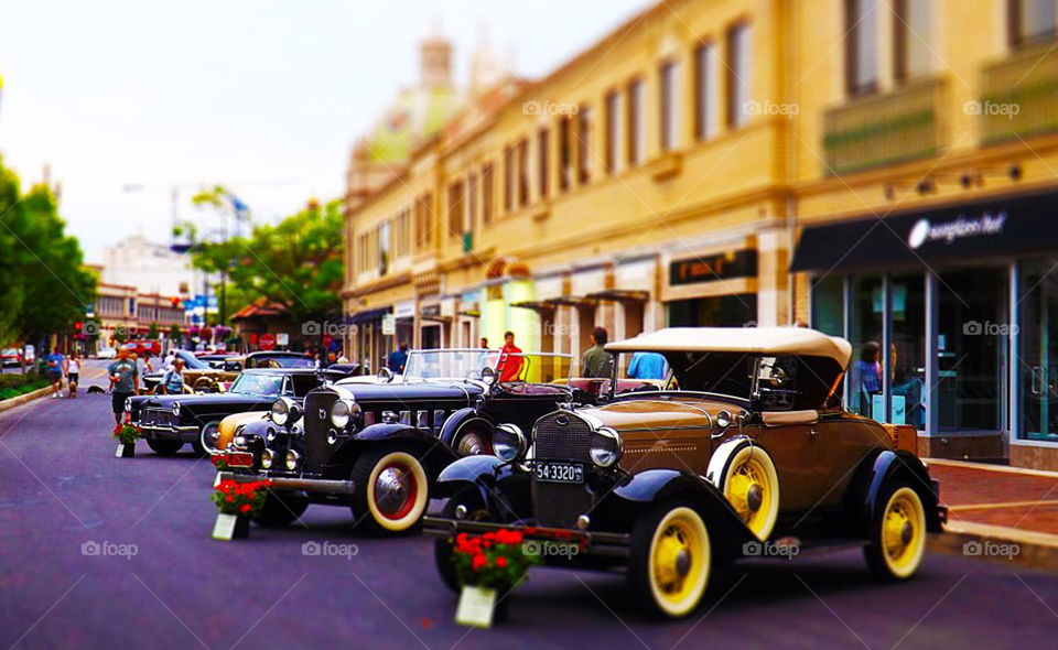 Classic Cars Displayed at Country Club Plaza. I photographed these classic cars at the Country Club Plaza and added vibrance and a tilt shift effect.