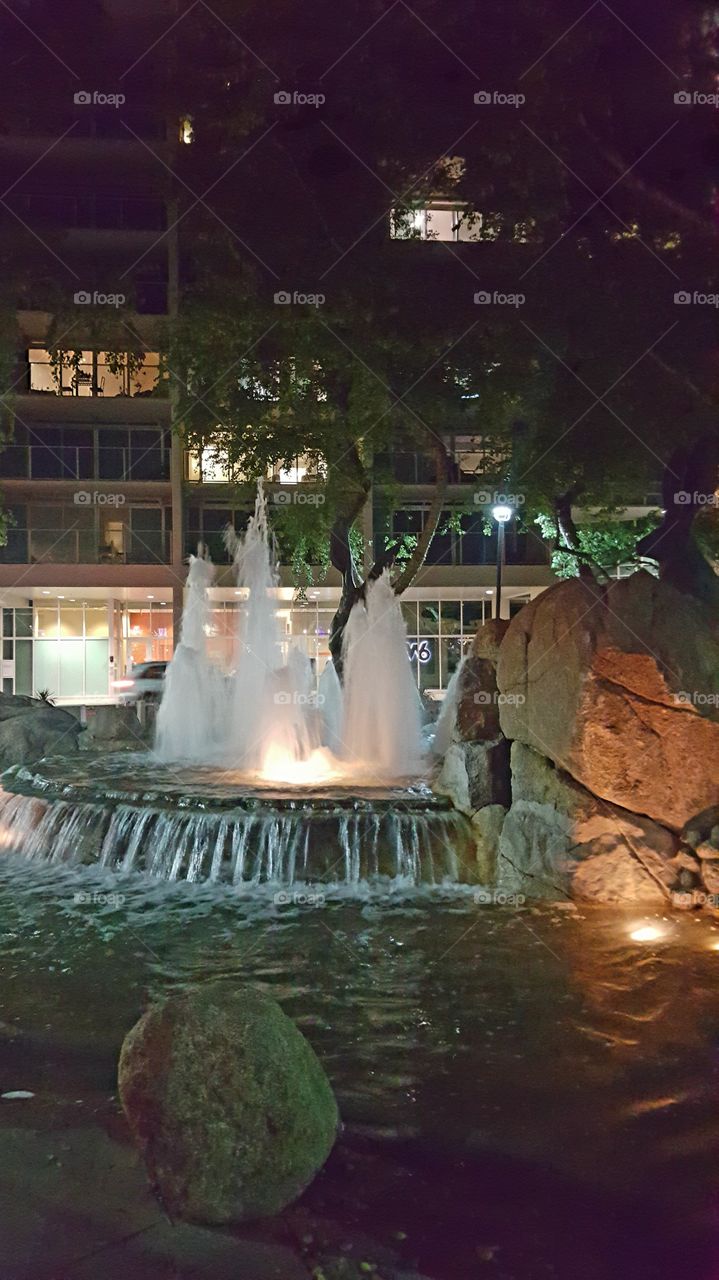 fountain, water, night time, rocks