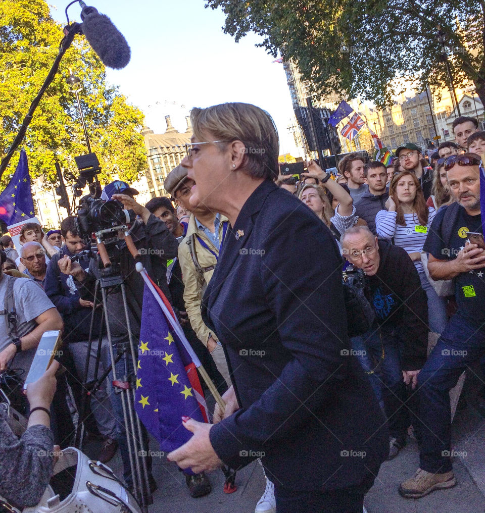 Eddie Izzard talks to press and protesters at the People’s Vote March October 2018 in London, UK 