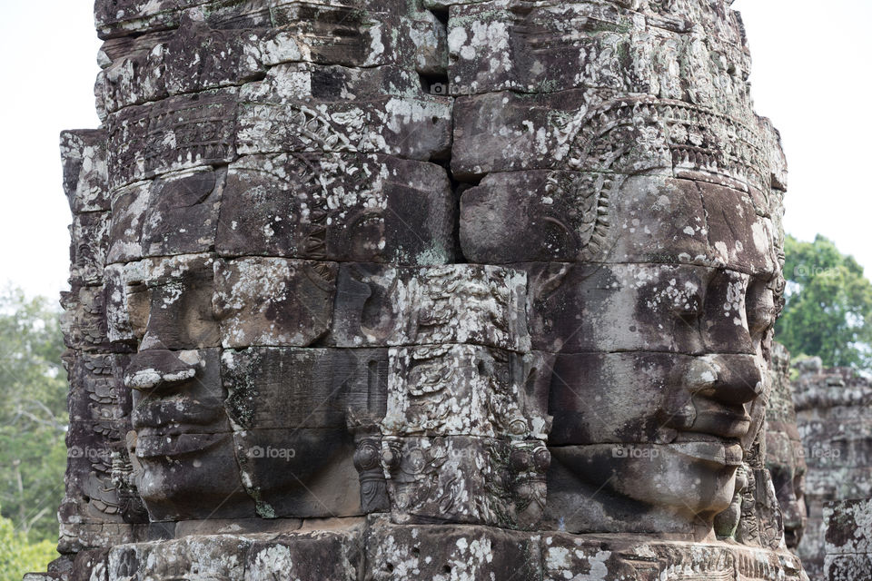 Carving head inside Bayon temple in Siem Reap Cambodia 