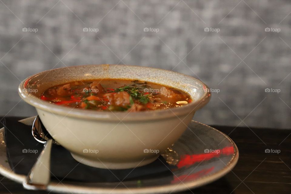 Bowl of soup on cold winter day