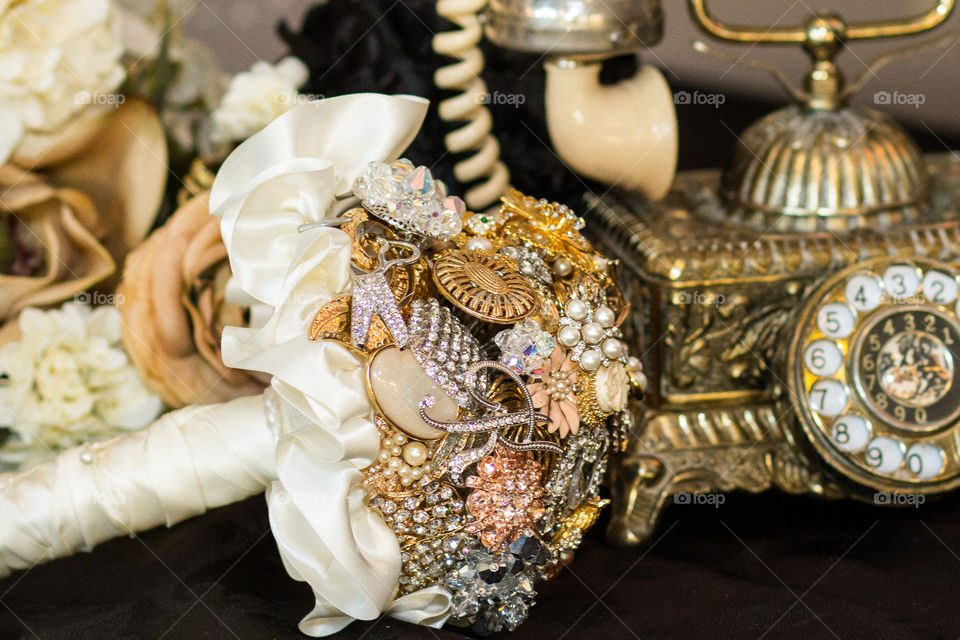 Broach bouquet with a vintage telephone
