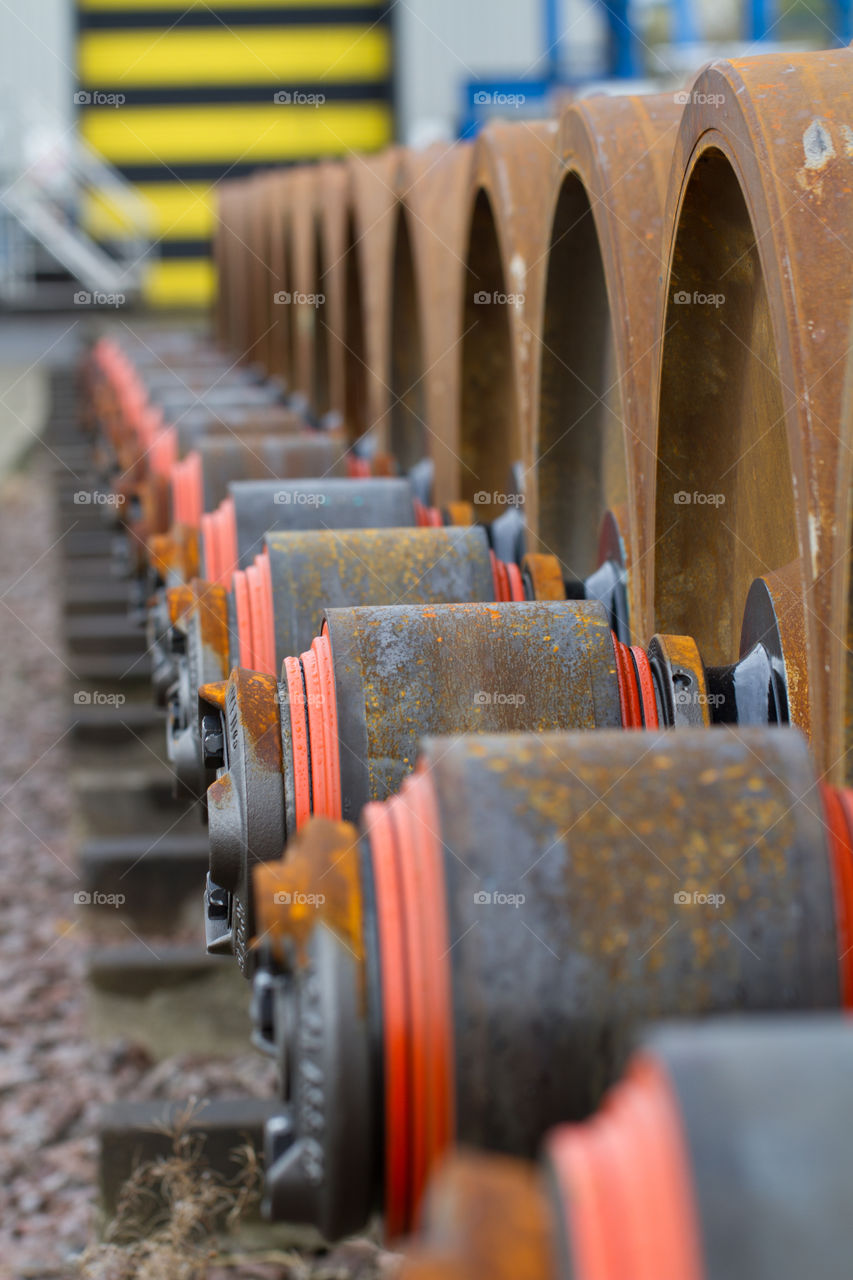 Loco Wheels. A row of locomotive wheels ready to be fitted to trains.