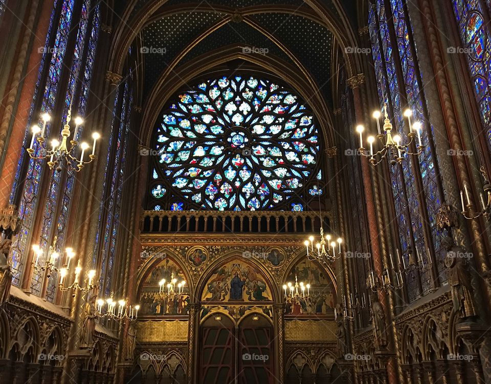 Rear-End stained glass window of Saint Chapelle In Paris, France