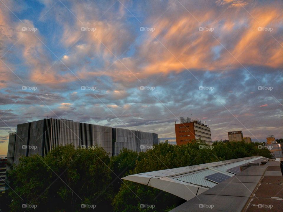 Dramatic cloudscape during sunset over the campus of the University of New South Wales, Sydney, Australia.