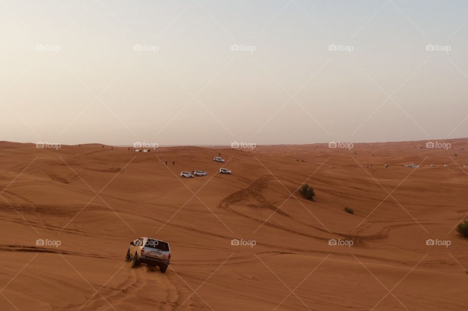 Jeeps cruising in sunset in desert / Dunebasking