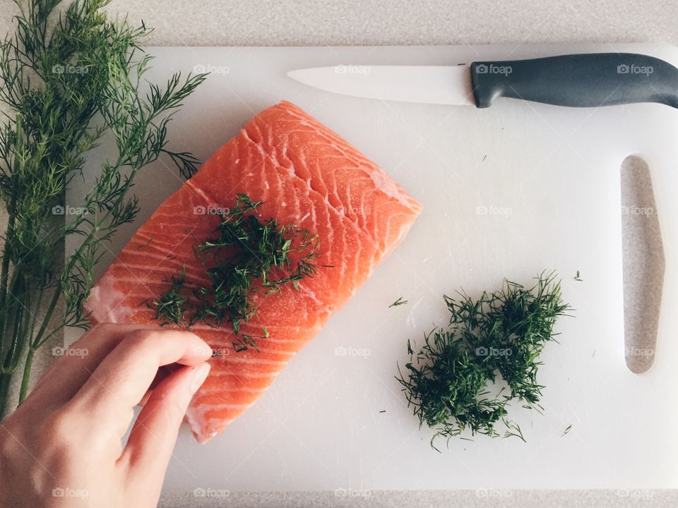 Directly above view of preparing seafood