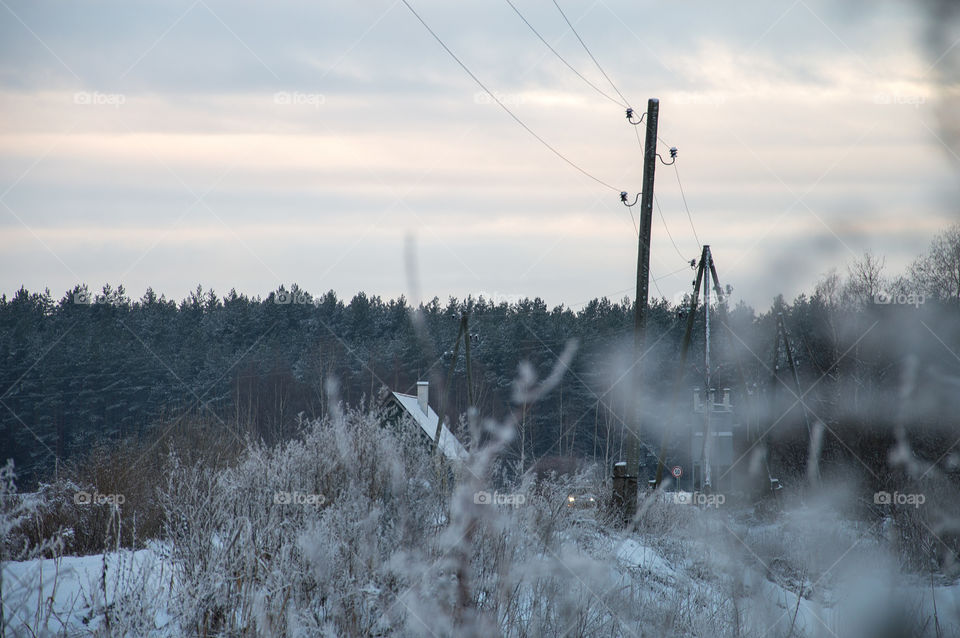 Mysterious winter scene with snow, forest, electricity poles and car headlights
