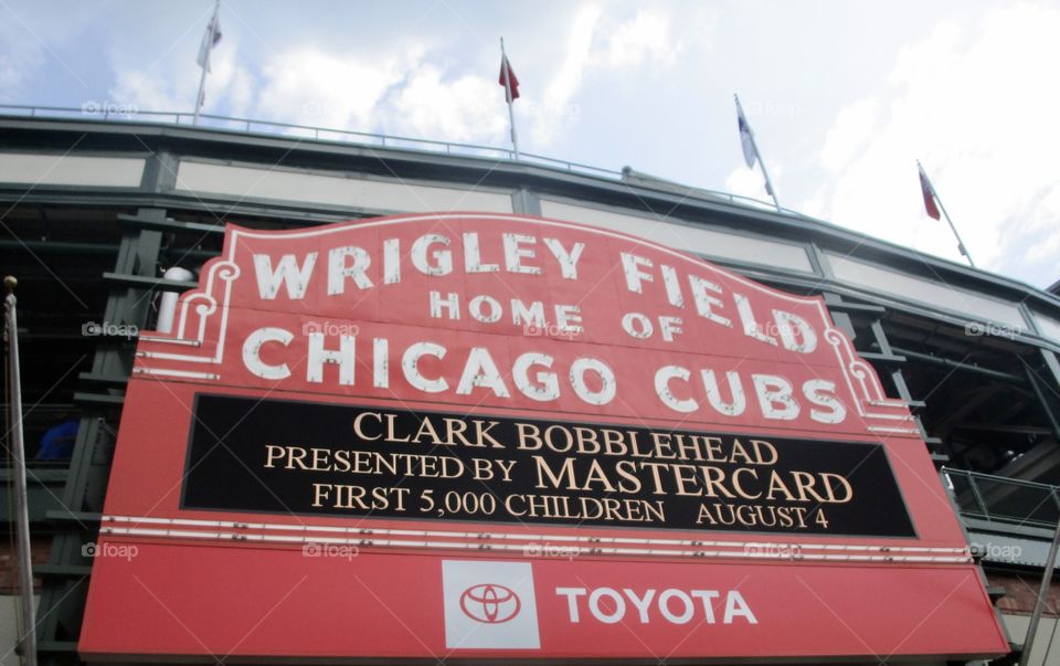 The marquis in front of Wrigley Field, home of the Chicago Cubs baseball team