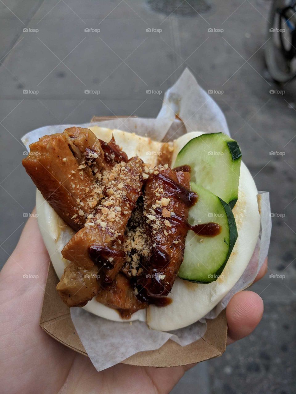 Chinese/Taiwanese Pork Belly Gua Bao on a Steamed Bun with Cucumbers - Delicious Street Food from a New York City Fair/Food Festival/Urbanspace Garment District (Bao by Kaya)