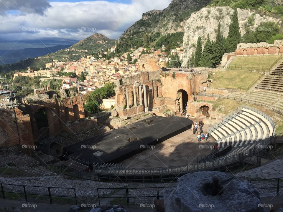 Greek theater. This is the Greek theater located in Taormina, Sicily originally built in the third century B.C.
