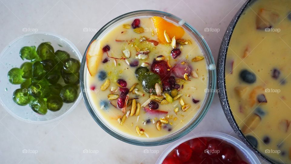 Our Home Made Delicious 😋😍Milk Custard Fruits of Platter mixed with healthy Cuisine for a View from Up Above mission.