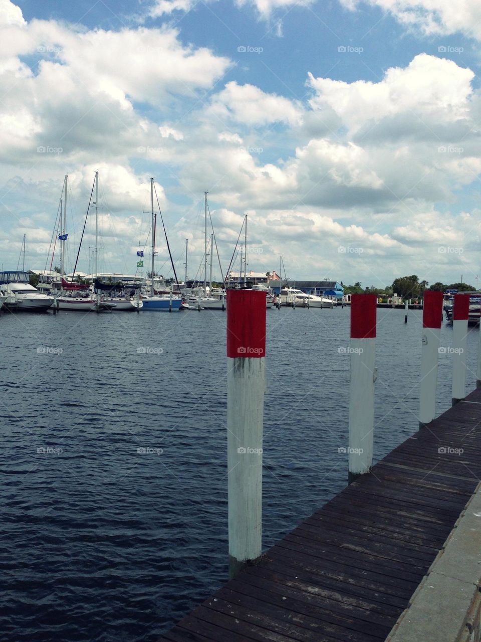 Repeating posts guard the marina.