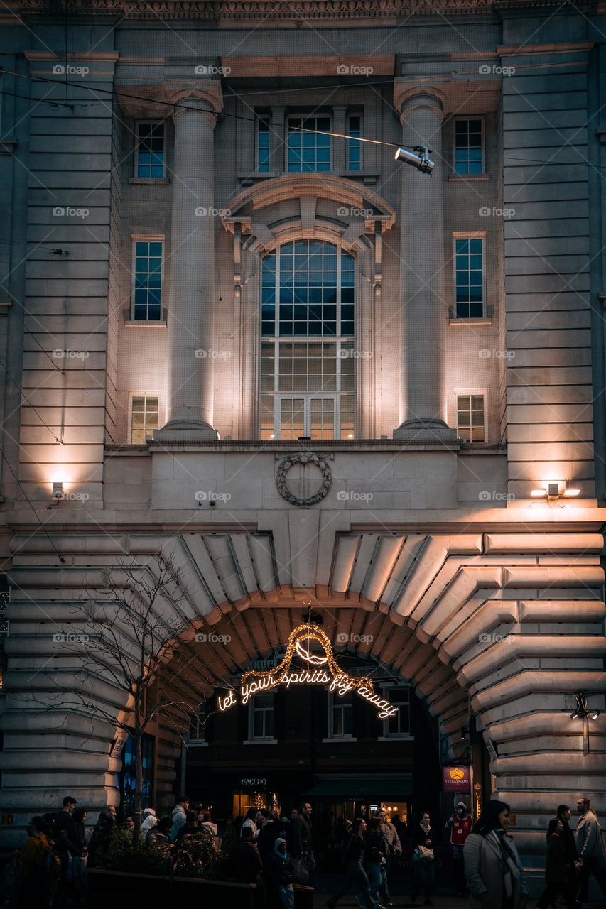 Night lights light up the building