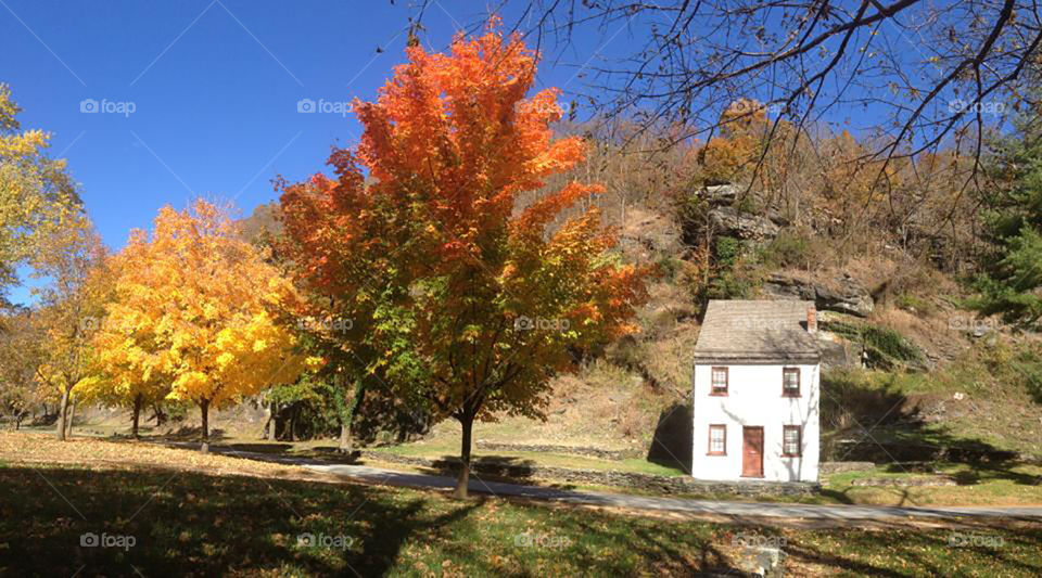 Harper's ferry, West Virginia house at entrance with trees in fall colors. 