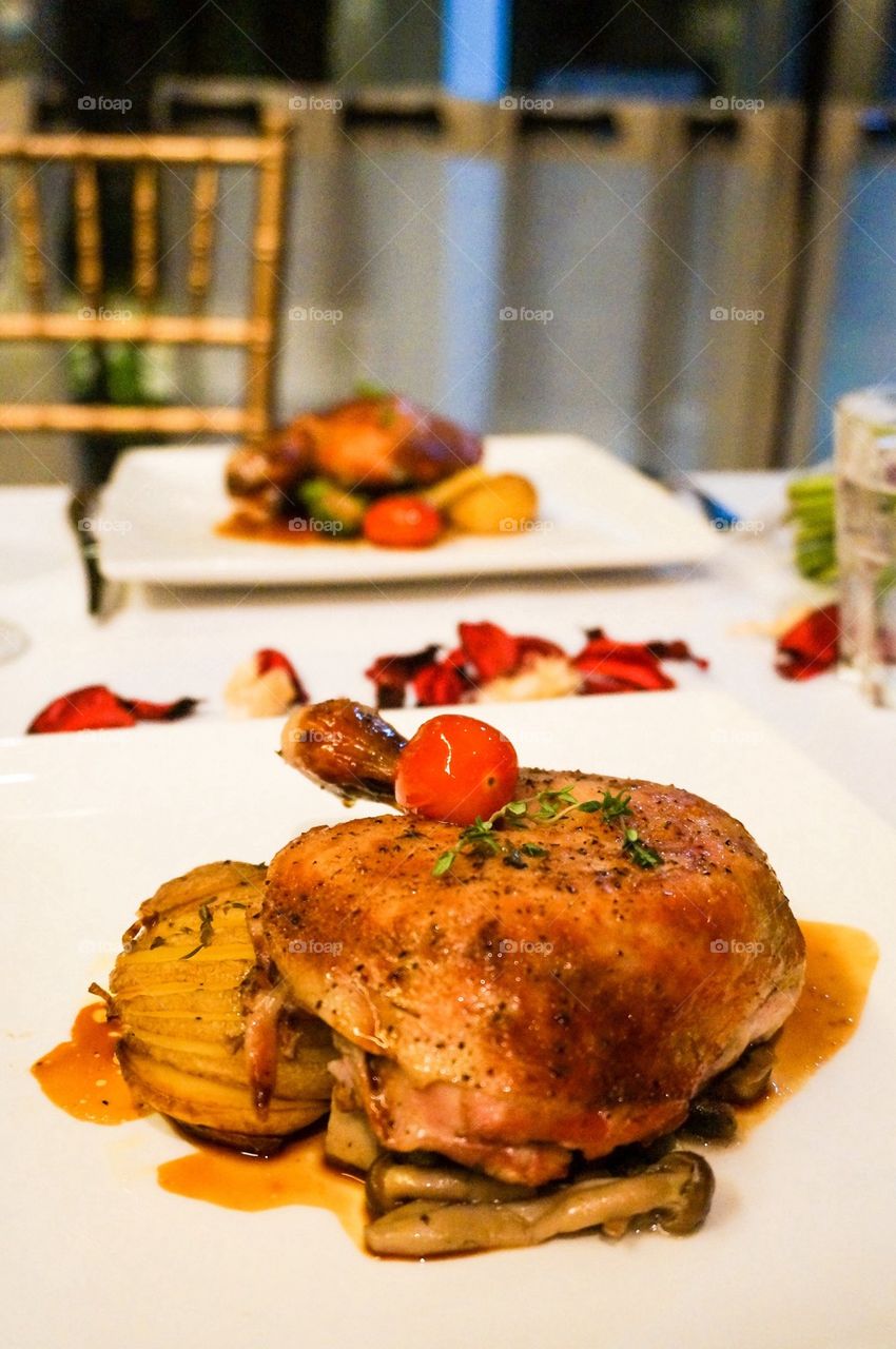 Roasted chicken with potatoes and mushrooms
