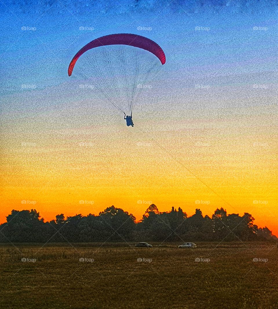 volando en el atardecer