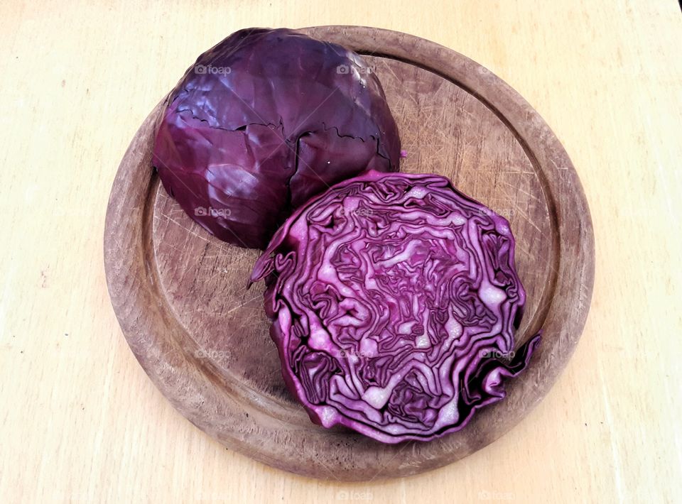red cabbage half and slice on woo