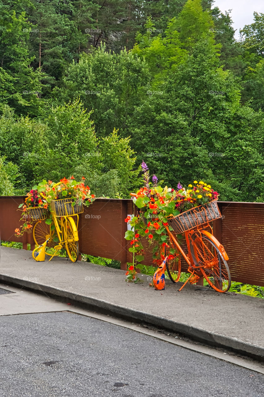 Colorful bicycles used as a flower planters.