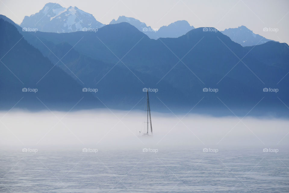 A boat lost in the thick fog 