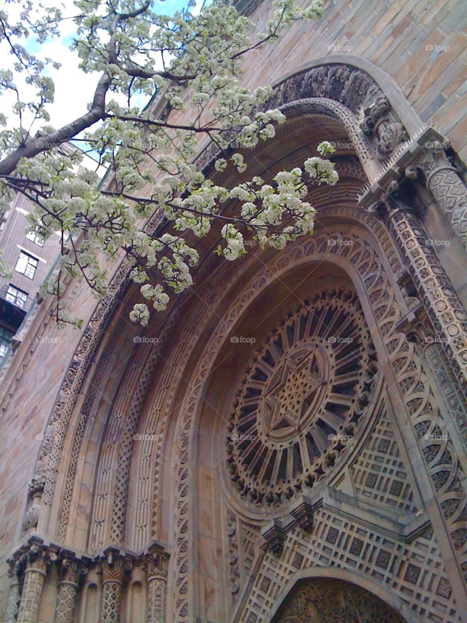Synagogue in spring. Ornate synagogue on the Upper West Side of Manhattan