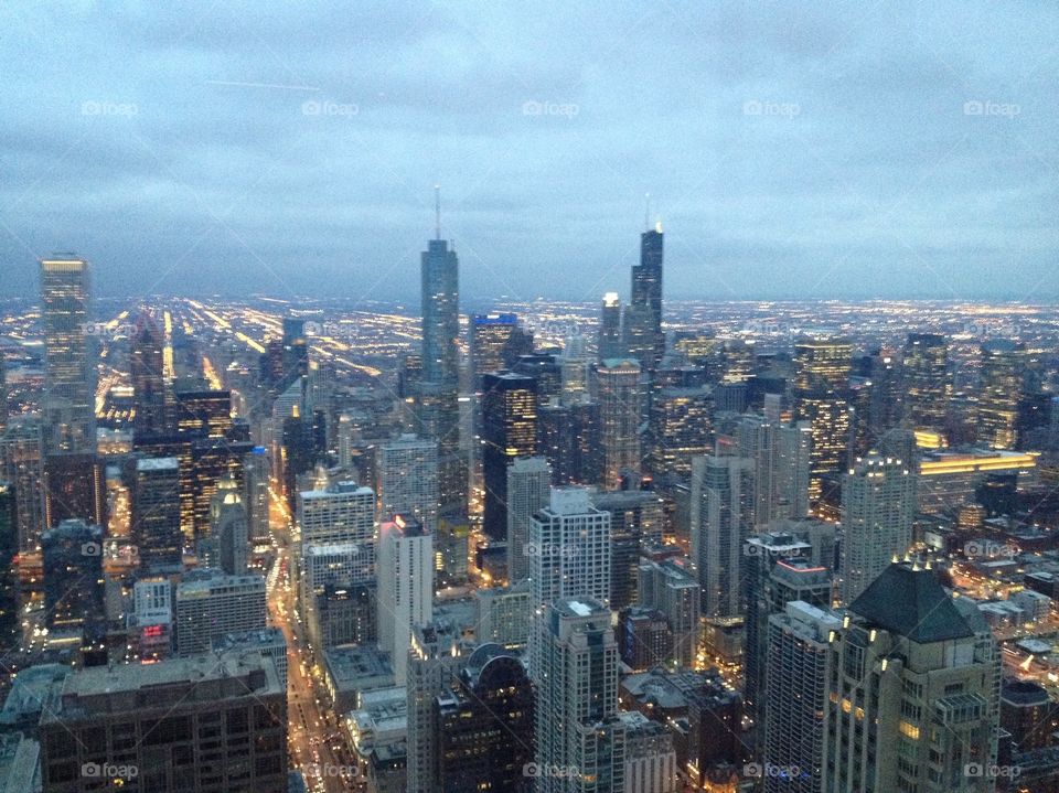 Chicago skyline, cloudy, city, aesthetic, calming, from the top of the Sears tower
