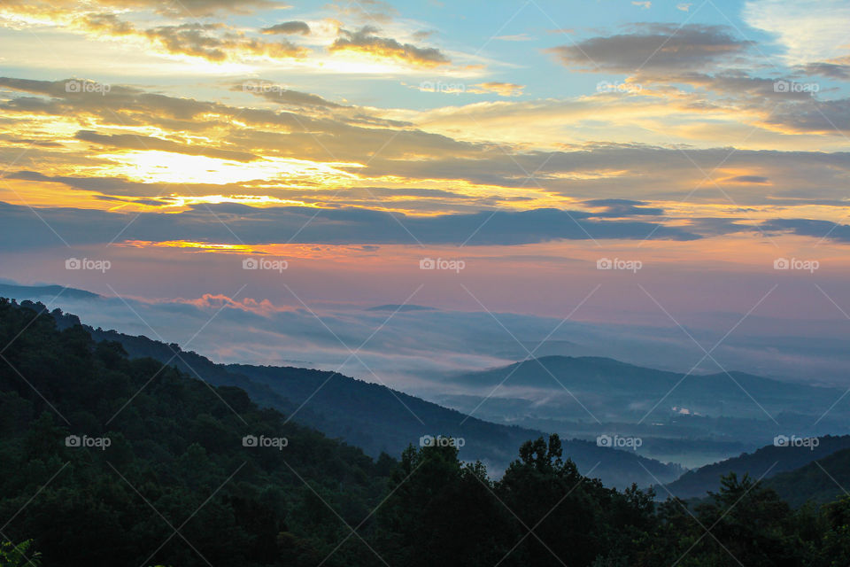 Sunrise over the Piedmont in Virginia from Skyline Drive in Shenandoah National Park. 