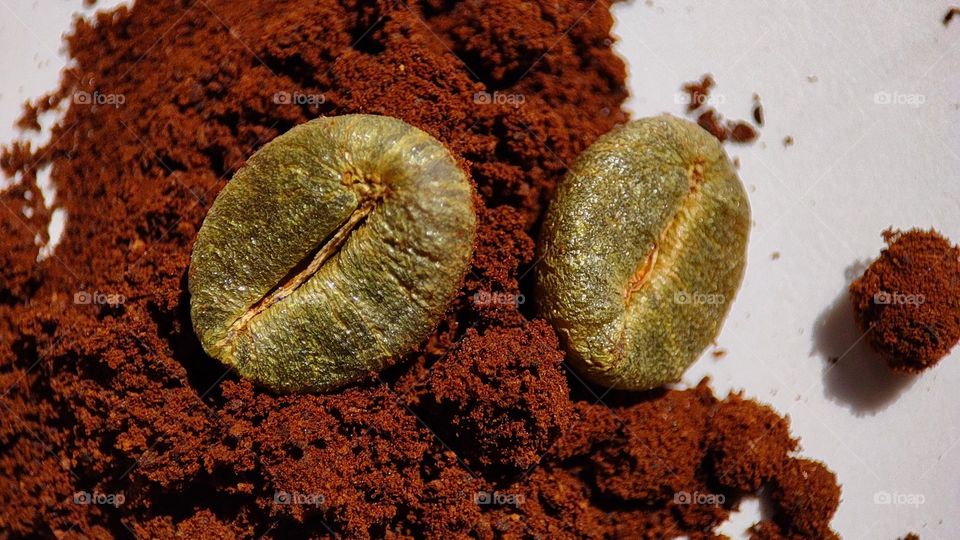 macro image of golden colour Coffee beans above coffee powder on a white surface