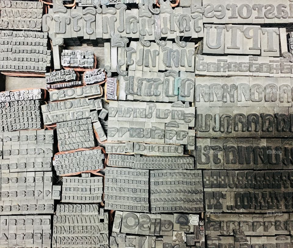 Thai alphabet letterpress printing vintage metal top view